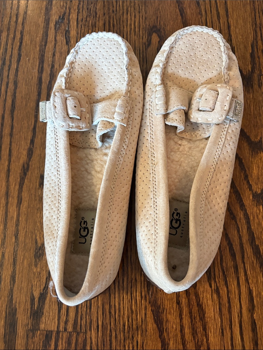 UGG Beige Suede Perforated Slip-On Moccasin Sandals with Buckle